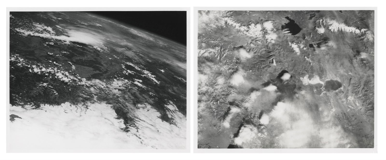 First Hasselblad photographs of the Earth from space (2 views), Mercury-Atlas 9, 15-16 May 1963: Two views of Earth from space taken by Gordon Cooper from inside his Faith 7 capsule, showing high plateau near Himalayas (63-MA9-190) and China (63-MA9-197), partly overcast by clouds and capturing t