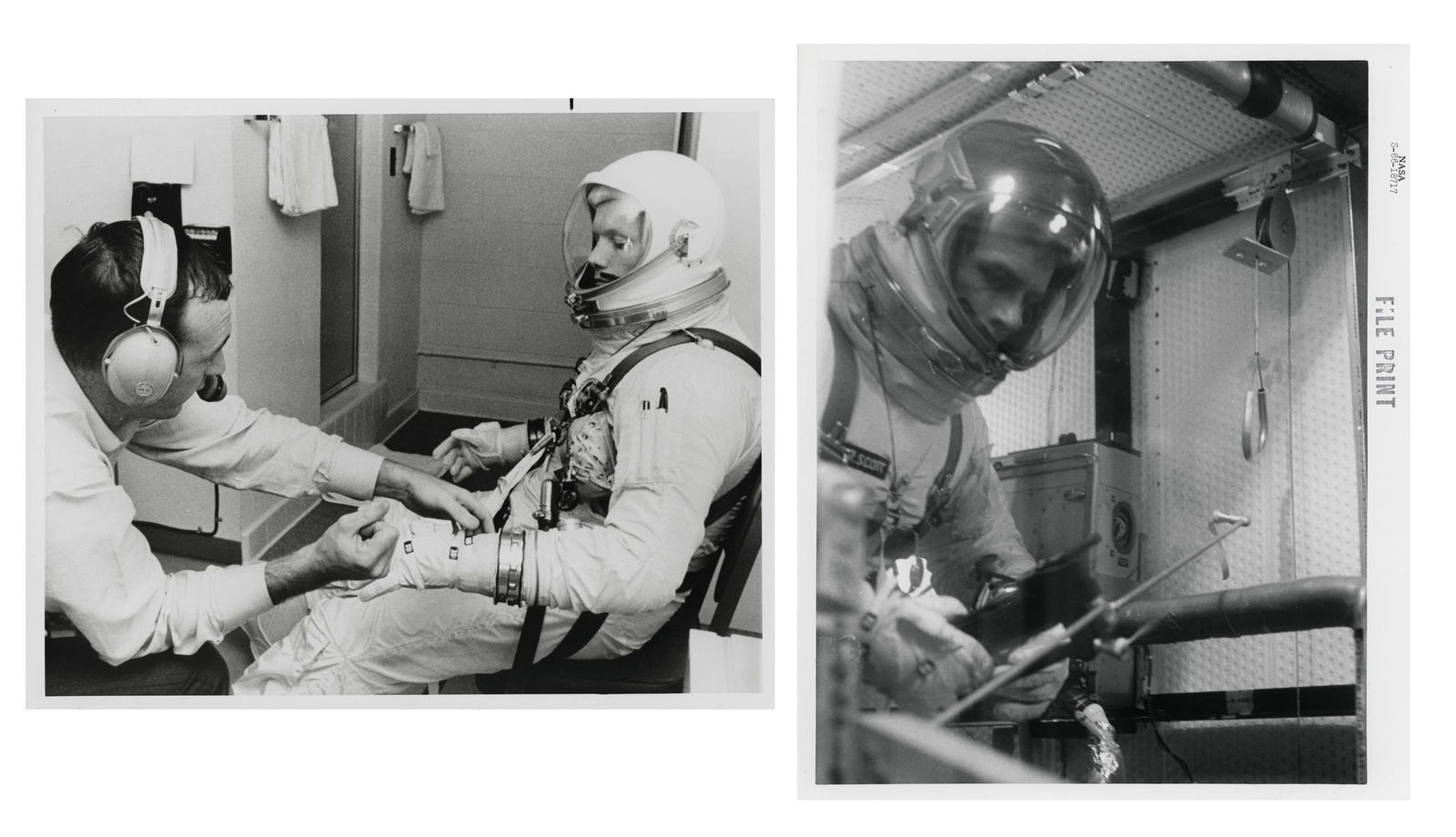 Neil Armstrong & Dave Scott preparing for the first docking in space (2 views), Gemini 8: Two views showing Neil Armstrong and David Scott preparing for the first docking in space and second American EVA during their upcoming mission, Gemini 8, February - March 1966.Vintage gelatin silver