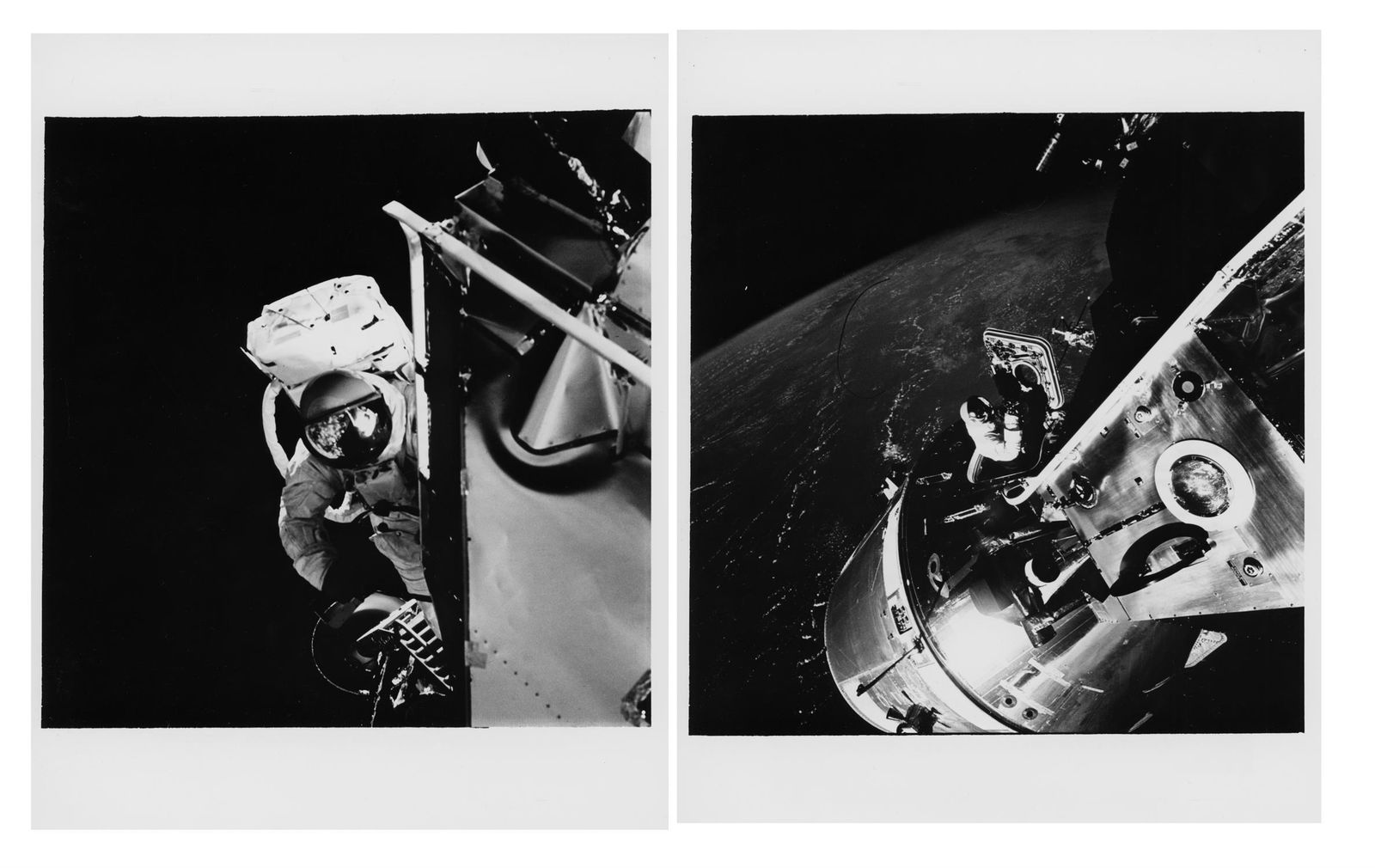 David Scott and Russell Scweickart during the two-man EVA (2 views), Apollo 9, 3-13 March 1969: Two views of David Scott and Russell Schweickart during the first American two-man EVA, comprising 1) David Scott Russel Schweickart tests the new Apollo Extravehicular Mobility Unit (EMU) during the