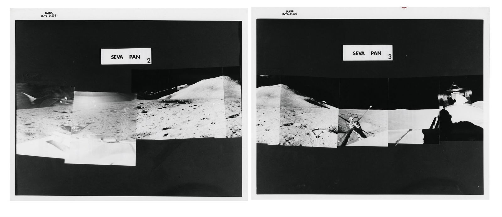 Two-part panorama of the Hadley landing site, Apollo 15, 26 July - 7 August 1971, stand-up EVA: David Scott Two overlapping panoramic views of the Hadley landing site from the top hatch of the LM Falcon after touchdown during the only stand up EVA performed on the Moon, Apollo 15, 26 July- 7 Aug