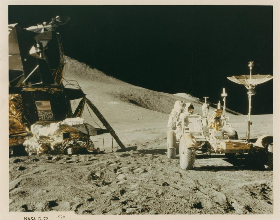 James Irwin at the Lunar Rover at Hadley Base, Apollo 15, 26 July - 7 August 1971: David Scott James Irwin works at the Lunar Rover near the LM Falcon at the Hadley-Apennine landing site, Apollo 15, 31 July 1971 EVA 1 Vintage chromogenic print on resin coated Kodak paper, 25.5 x 20.