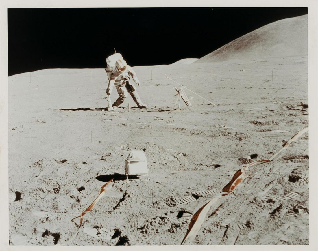 David Scott leaning in one-sixth gravity on the Moon, Apollo 15, 26 July - 7 August 1971, EVA 2: James Irwin David Scott leaning in one sixth gravity to pick up an experiment on the sweeping moonscape of Hadley Base, Apollo 15, 26 July - 7 August 1971, EVA 2 Vintage chromogenic print on resin coa