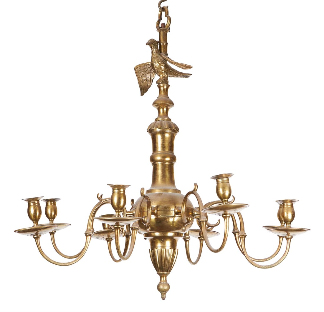 A BRASS EIGHT BRANCH CHANDELIER IN THE 17TH CENTURY STYLE, POSSIBLY IRISH, 19TH CENTURY (1 of 1)
