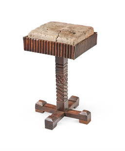 A RUSTIC BEECH SIDE TABLE, EARLY 20TH CENTURY: A RUSTIC BEECH SIDE TABLE EARLY 20TH CENTURY The top inset with stone, the underside with an ink inscribed label'Brick of Nebuchadnezzar II B.C. 604/556 from Babylon Table made by H.P. Blosse Lynch,