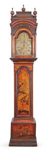 A GEORGE II RED AND GILT JAPANNED LONGCASE CLOCK STEPHEN ASSELIN, LONDON, CIRCA 1725: A GEORGE II RED AND GILT JAPANNED LONGCASE CLOCK STEPHEN ASSELIN, LONDON, CIRCA 1725 The eight-day bell-striking movement with 12 inch brass break-arch dial applied with mask and foliate spandrels, a