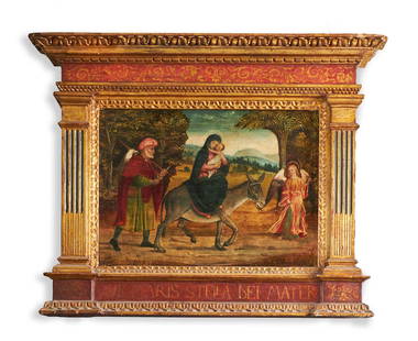 VENETIAN SCHOOL (16TH CENTURY), THE FLIGHT INTO EGYPT: VENETIAN SCHOOL (16TH CENTURY)THE FLIGHT INTO EGYPTOil on cassone panel in a tabernacle frame, inscribed 'Ave. Maris. Stella. Dei. Mater' 28.5 x 40.5cm (11 x 15¾ in.)Provenance:The Collection of