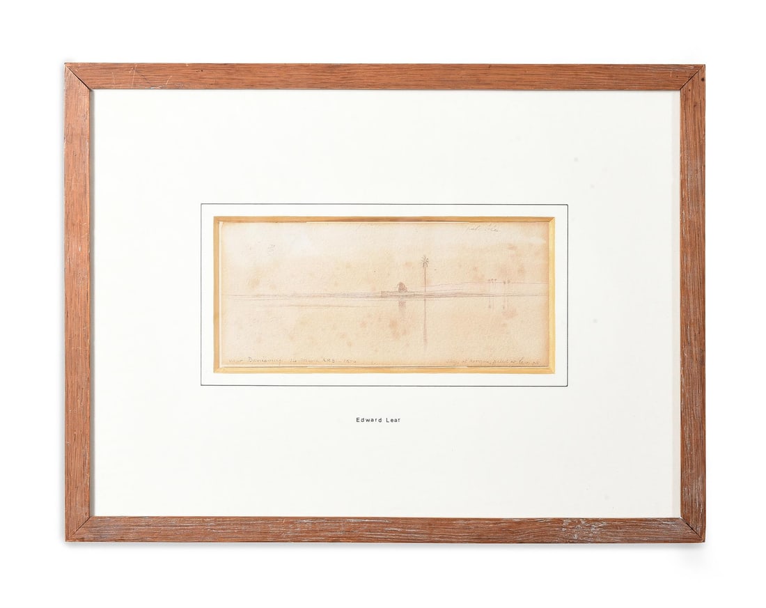 EDWARD LEAR (ENGLISH 1812-1888), NEAR BENI SUEF: EDWARD LEAR (ENGLISH 1812-1888) NEAR BENI SUEFPen, ink and washInscribed 'near Benisouef. 14. March. AM 8-1854' (lower left) and 'Sky, at horizon, palest water pk()' (lower right), and with colour not