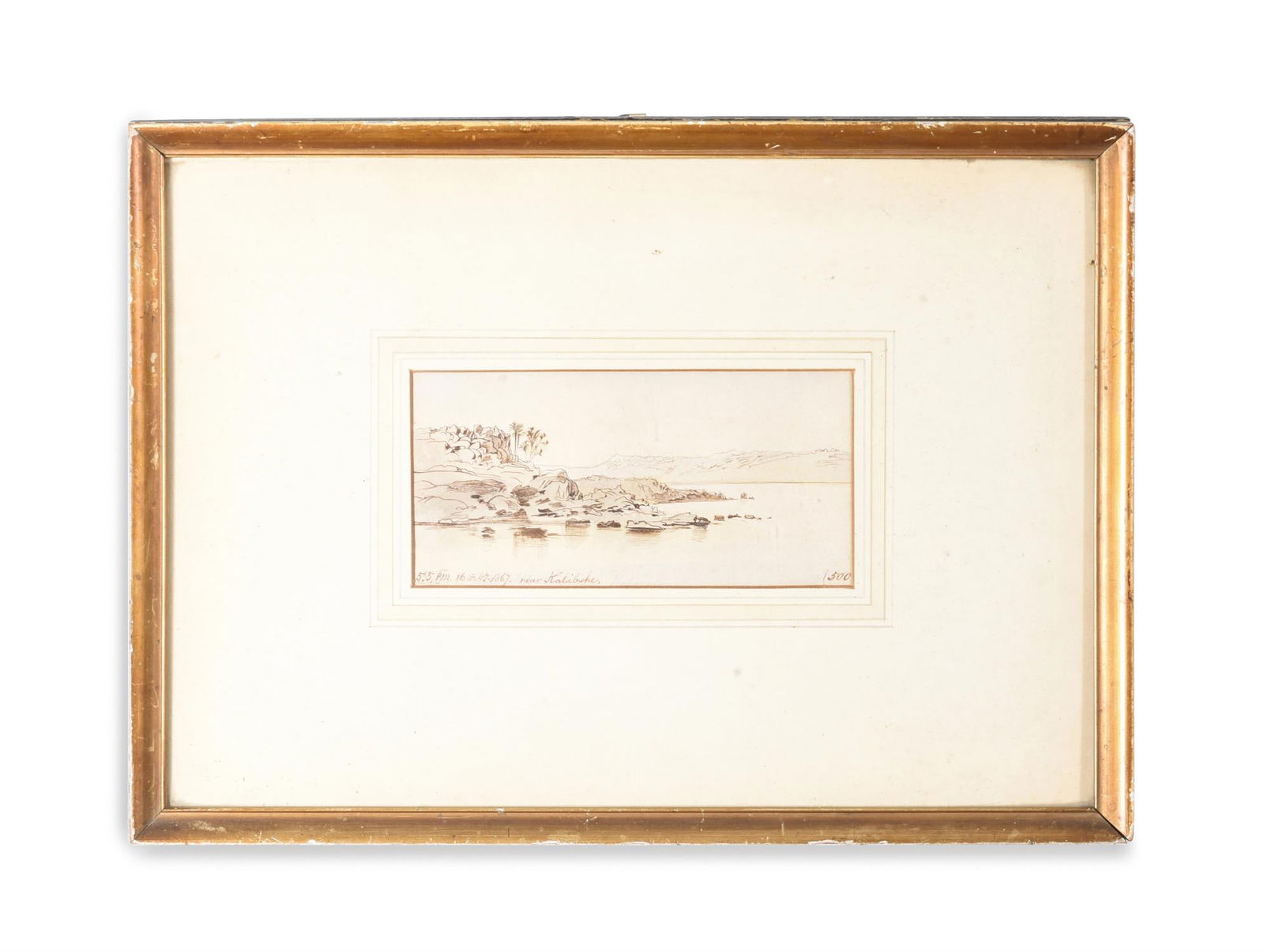 EDWARD LEAR (ENGLISH 1812-1888), NEAR KALABSHA: EDWARD LEAR (ENGLISH 1812-1888) NEAR KALABSHA, EGYPTPen and ink and washInscribed and dated '5.5pm. 16.Feby. 1867. near Kalabashe' (lower left) and numbered '(500)' (lower right)7.5 x 15cm (2¾ x