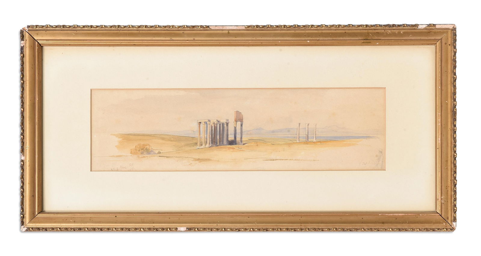 EDWARD LEAR (ENGLISH 1812-1888), TEMPLE RUINS IN ATHENS [ZEUS OLYMPIC]: EDWARD LEAR (ENGLISH 1812-1888) TEMPLE RUINS IN ATHENS [ZEUS OLYMPIC]Pencil and watercolourInscribed and dated '8th of June 1848 Athens' (lower left) and numbered '(20)' (lower right)9.5 x 34cm (3