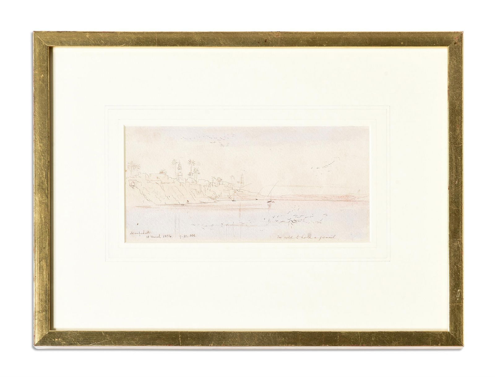 EDWARD LEAR (ENGLISH 1812-1888), MANFALUT: EDWARD LEAR (ENGLISH 1812-1888) MANFALUT, ON THE NILE Pen, ink and washInscribed and dated 'Manfalut,10 March 1854, 9-10AM' (lower left) and further inscribed 'Too cold to hold a pencil' (lower right)
