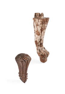 AN EGYPTIAN WOOD CHAIR OR STOOL FOOT IN THE FORM OF A LION'S LEG MIDDLE KINGDOM: AN EGYPTIAN WOOD CHAIR OR STOOL FOOT IN THE FORM OF A LION'S LEGMIDDLE KINGDOM, CIRCA 2000 B.C.With much of the original white gesso painted decoration remaining33cm high, an ink inscribed label attac