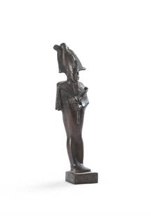 AN EGYPTIAN BRONZE FIGURE OF OSIRIS LATE PERIOD CIRCA 664-525 B.C.: AN EGYPTIAN BRONZE FIGURE OF OSIRIS LATE PERIOD, 26TH DYNASTY, CIRCA 664-525 B.C. Carrying the crook and flail, wearing the atef crown with frontal uraeus, finely detailed with a plaited beard, broad