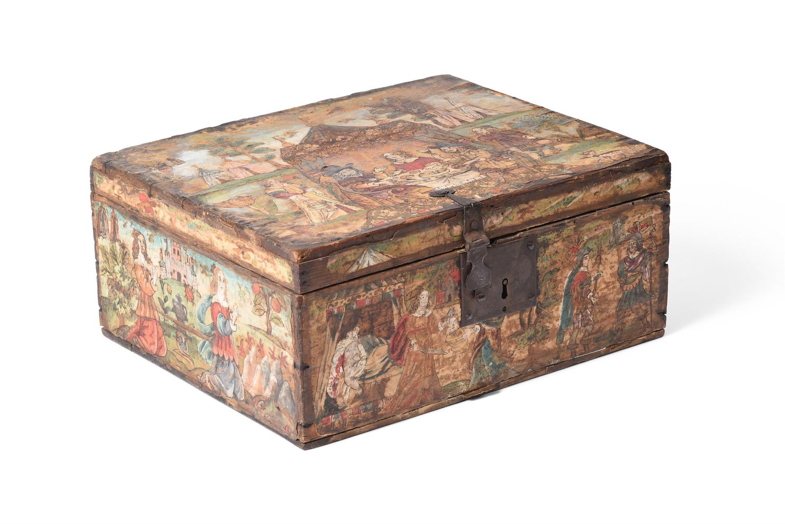 A CHARLES II STUMPWORK CARTOON DECORATED BOX, CIRCA 1660 (1 of 4)