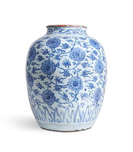 A BLUE AND WHITE LOTUS JAR, CHINESE, MING DYNASTY, (1368 - 1644): A BLUE AND WHITE LOTUS JAR CHINESE, MING DYNASTY, (1368 - 1644) Decorated with scrolling lotus heads 41cm high Provenance: A. Tilbrook, from whom purchased by Robert Kime.