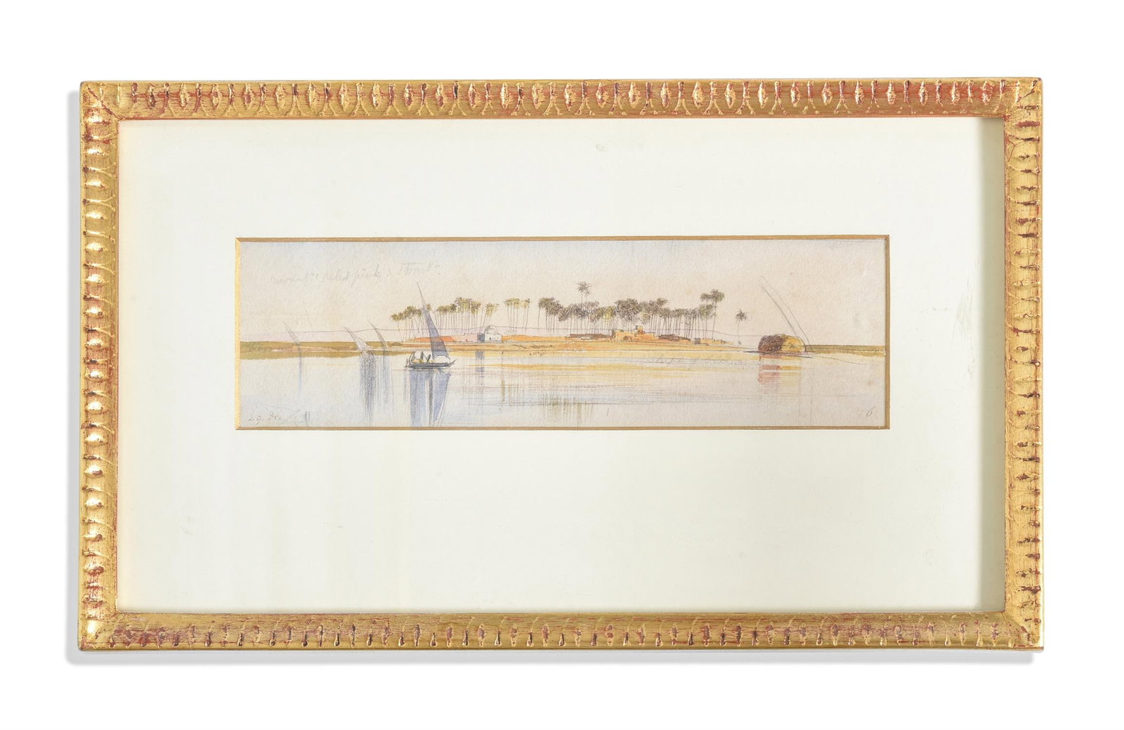 EDWARD LEAR (ENGLISH 1812-1888), DHOWS ON THE NILE: EDWARD LEAR (ENGLISH 1812-1888) DHOWS ON THE NILE Pencil and watercolourDated '29 Dec' (lower left), numbered '161' (lower right), colour notes throughout6.5 x 22.5cm (2½ x 8¾ in.)Provenance