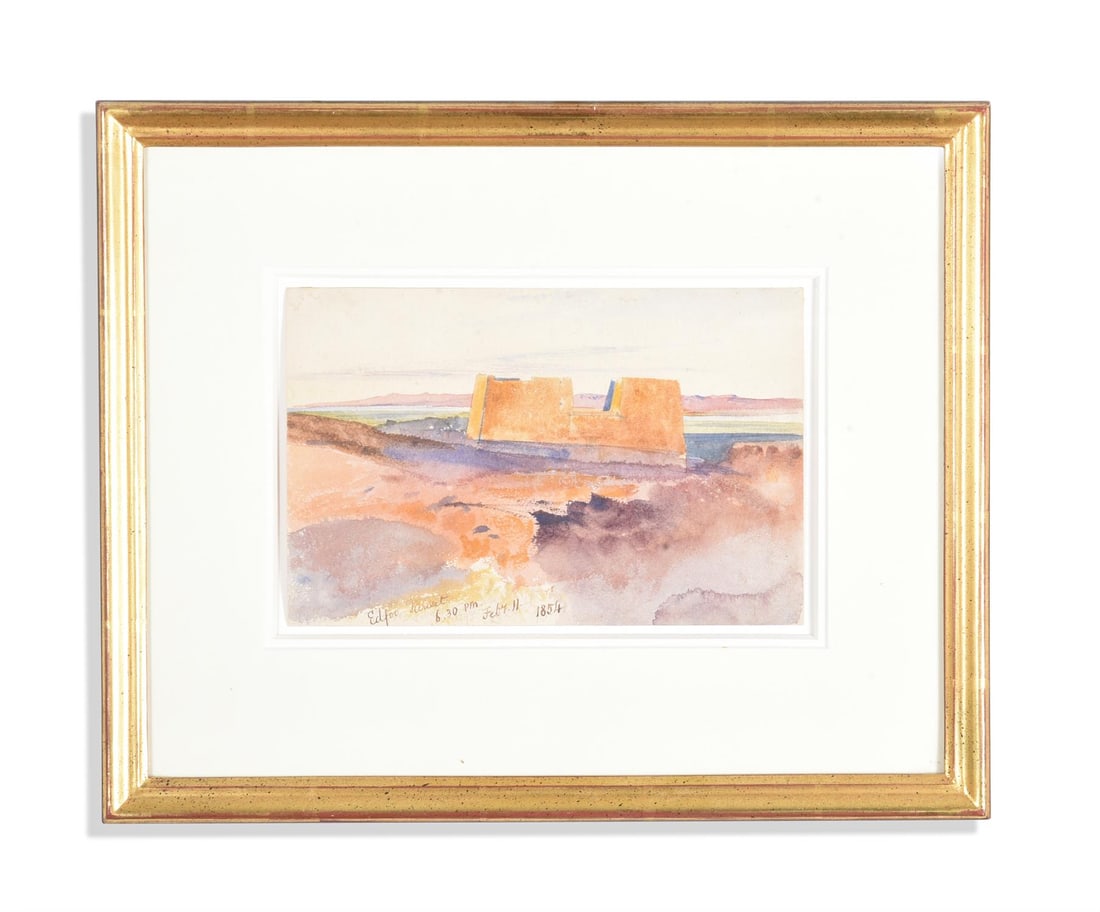 EDWARD LEAR (ENGLISH 1812-1888), EDFU SUNSET: EDWARD LEAR (ENGLISH 1812-1888) EDFU SUNSETWatercolourInscribed 'Edfoo [sic] Sunset, 6.30pm, Feby 11. 1854' (lower left)15 x 23cm (5¾ x 9 in.)Provenance:Christie's, London, 15 November 1988, lot