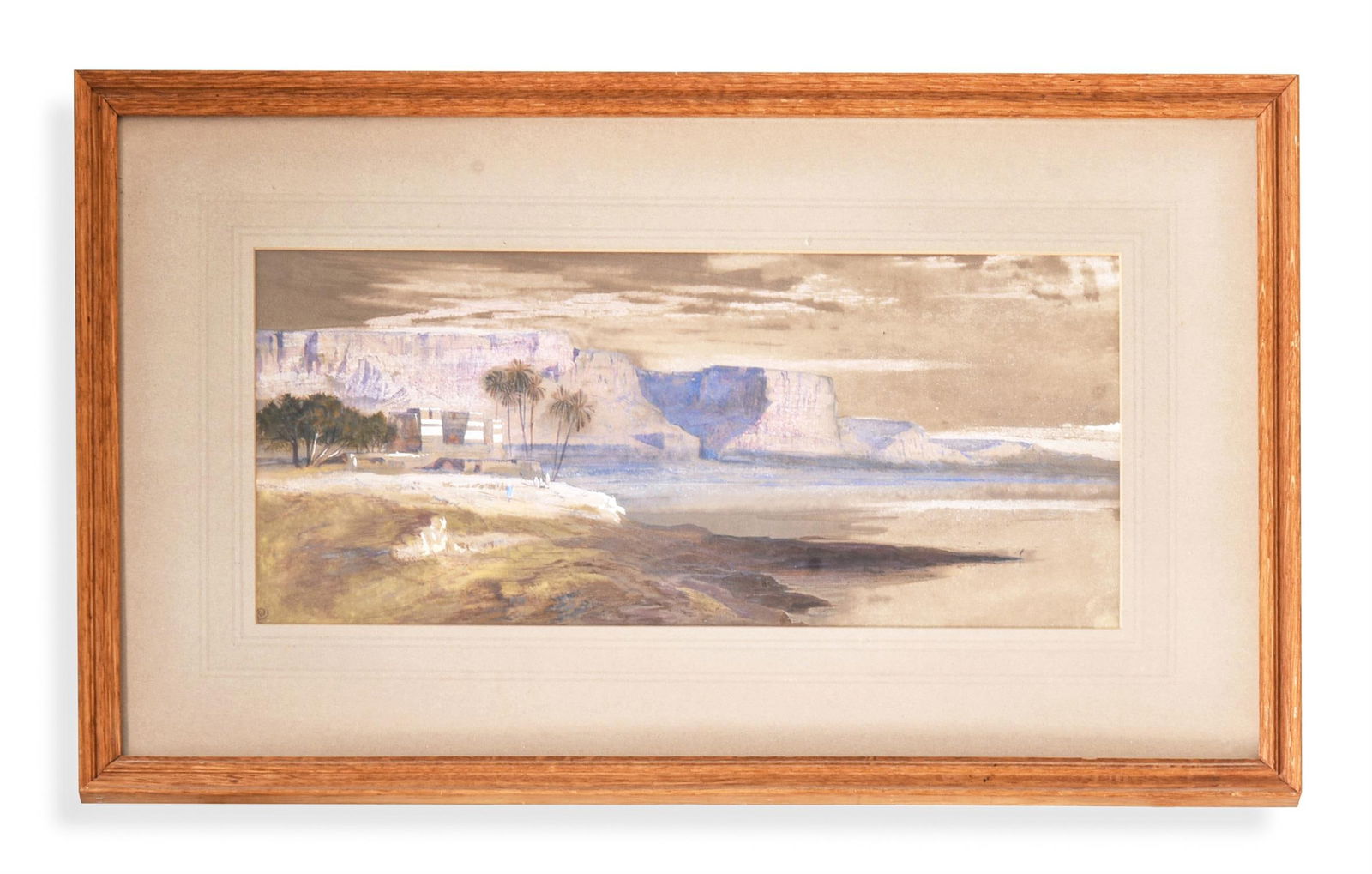 EDWARD LEAR (ENGLISH 1812-1888), KASR ED SAAD: EDWARD LEAR (ENGLISH 1812-1888)KASR ED SAAD, EGYPTWatercolour heightened with whiteSigned with monogram (lower left)16 x 37cm (6¼ x 14½ in.)Provenance:Agnews & Sons, LondonSotheby's, London,