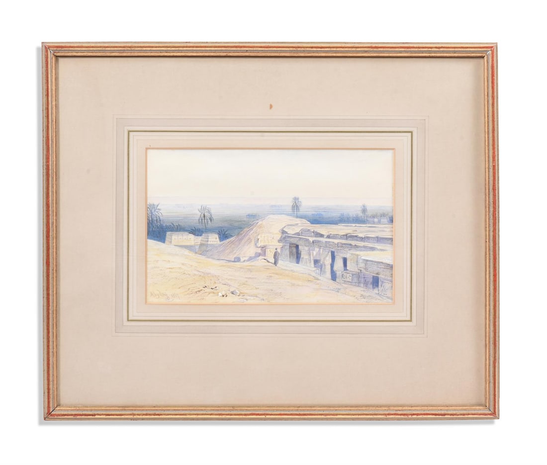 EDWARD LEAR (ENGLISH 1812-1888), ABYDUS: EDWARD LEAR (ENGLISH 1812-1888)ABYDUS, EGYPTWatercolour heightened with whiteSigned with monogram, titled and dated '1867' (lower left)16 x 25.5cm (6¼ x 10 in.)Provenance:Ruskin Gallery, Stratfor