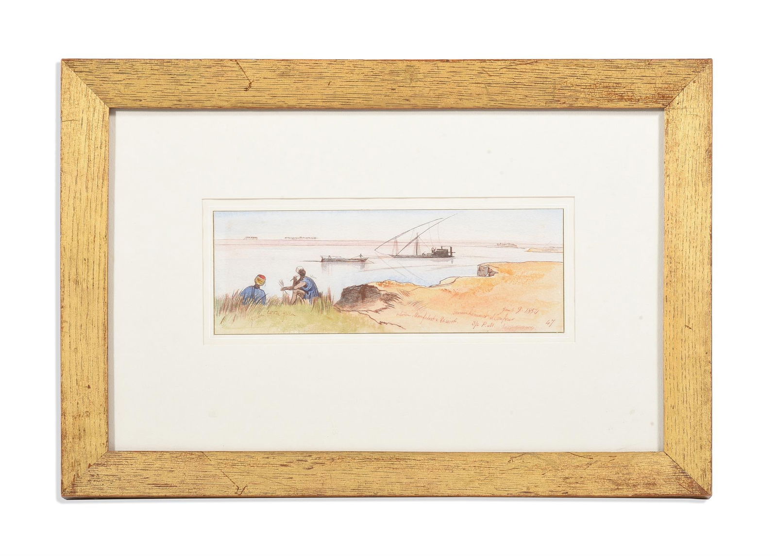 EDWARD LEAR (ENGLISH 1812-1888), FELUCCAS ON A STRETCH OF THE NILE BETWEEN MANFALUT AND ASSIUT: EDWARD LEAR (ENGLISH 1812-1888) FELUCCAS ON A STRETCH OF THE NILE BETWEEN MANFALUT AND ASSIUT, EGYPT Pencil, pen and brown ink and watercolour Inscribed, dated and numbered 'Jany.9.1854/Benimhammed el