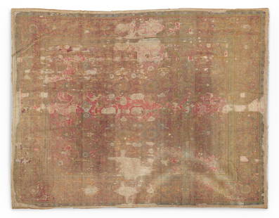 A CAIRENE RUG OTTOMAN, EGYPT, 16TH/17TH CENTURY: A CAIRENE RUG OTTOMAN EGYPT, 16TH/17TH CENTURY Approximately 277 x 213cmThe Ottomans conquered Mamluk Egypt in 1517 and their influence on art can be seen in the design of this rug, with its curviline
