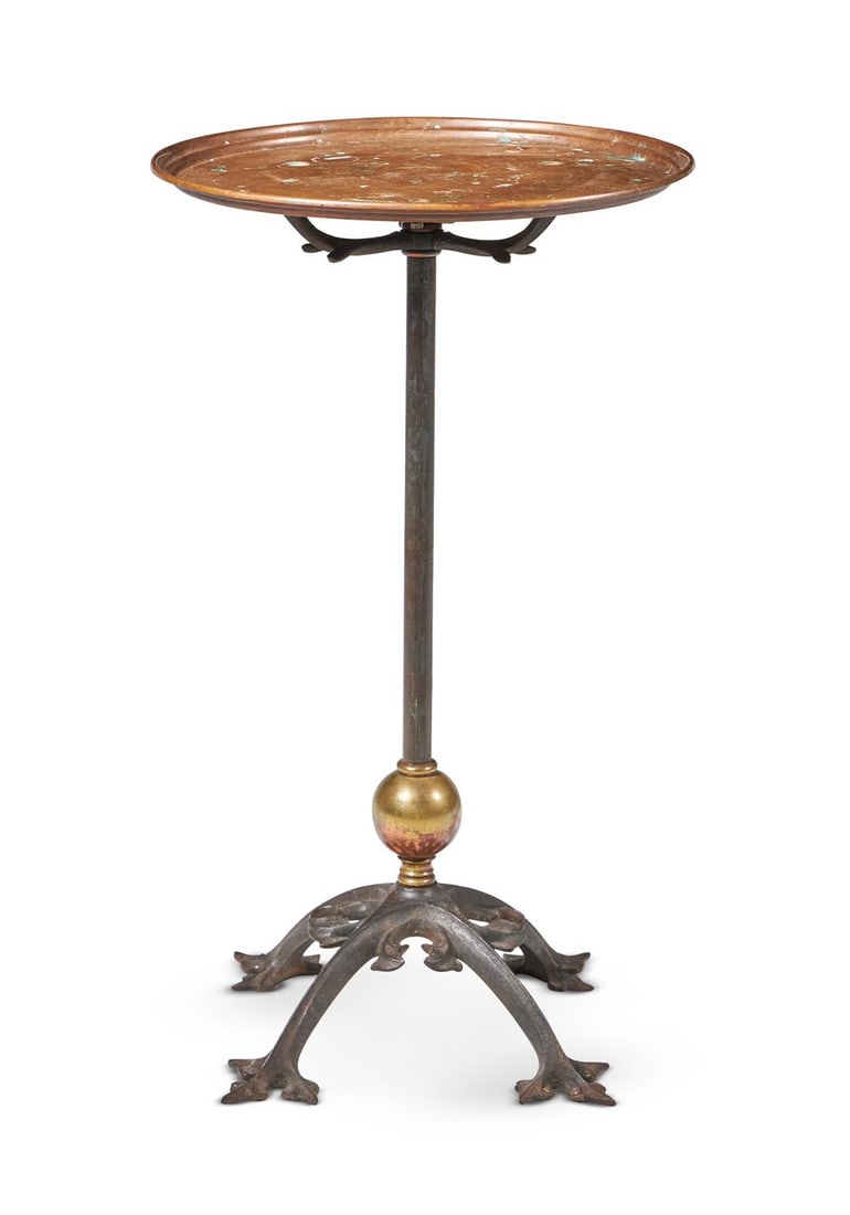 A COPPER BRASS AND CAST IRON OCCASIONAL TABLE BY W A S BENSON, LATE 19TH/EARLY 20TH CENTURY: A COPPER BRASS AND CAST IRON OCCASIONAL TABLE BY W A S BENSON, LATE 19TH/EARLY 20TH CENTURYstamped 'W A S BENSON'67cm high, top 39cm diameter Provenance: Cheffins, 29th November 2006, lot 658, where p