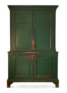 A GEORGE III PAINTED LINEN PRESS, LATE 18TH CENTURY: A GEORGE III PAINTED LINEN PRESS, PROBABLY ISISHLATE 18TH CENTURY The panelled doors enclosing shelves200cm high, 126cm wide, 55cm deepProvenance: Christie's, 20th June 1994, lot 46, where purchased b