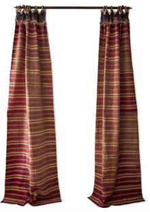 TWO PAIRS OF COTTON AND METALLIC THREAD WOVEN STRIPE CURTAINS, SYRIAN, 19TH CENTURY: TWO PAIRS OF COTTON AND METALLIC THREAD WOVEN STRIPE CURTAINS SYRIAN, 19TH CENTURYWith crochet fringe and tassels with gilt metal curtain ringseach panel 237cm long, 91cm wide