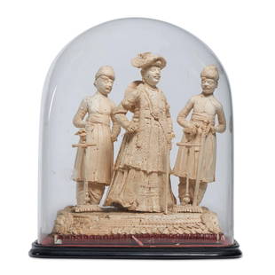 AN INDIAN BALSA WOOD DIORAMA, PROBABLY TANJORE 1860-1880: AN INDIAN BALSA WOOD DIORAMA PROBABLY TANJORE 1860-1880 Depicting judicial or courtly figures, now displayed under a glass dome dome 43cm high, 37cm wide