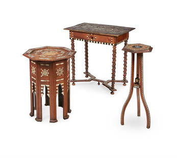 A SYRIAN MOTHER OF PEARL AND BONE INLAID OCTAGONAL TABLE, EARLY 20TH CENTURY: A SYRIAN MOTHER-OF-PEARL AND BONE INLAID OCTAGONAL TABLE EARLY 20TH CENTURY 60.5cm high, 51cm wide Together with a 19th century North Italian ebony and bone inlaid walnut centre table, 68cm high, 69cm