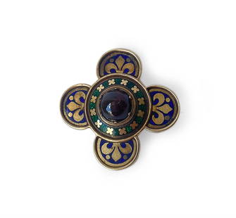 A GOTHIC QUATREFOIL ENAMEL MOURNING BROOCH WITH A CENTRAL DOMED CIRCULAR GARNET: A GOTHIC QUATREFOIL ENAMEL MOURNING BROOCH WITH A CENTRAL DOMED CIRCULAR GARNET IN PUGIN STYLE, 1840S The reverse engraved with 'Pray for the soul of Hannah Tidmarsh died Feb XXVI MDCCCXLVI in the LVI