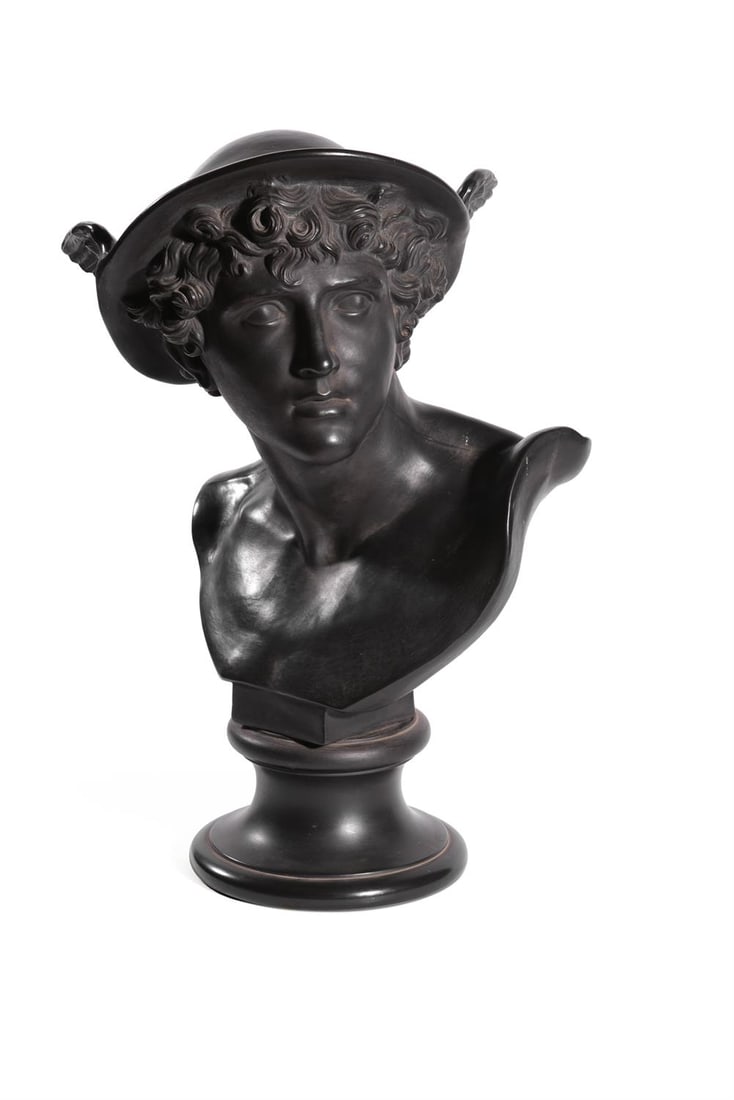 A WEDGWOOD BLACK BASALT BUST OF MERCURY, LATE 18TH/EARLY 19TH CENTURY (1 of 2)
