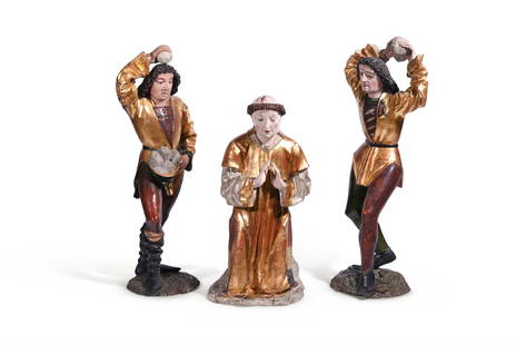 ATTRIBUTED TO HANS KLOCKER, POLYCHROME AND GILDED GROUP OF THE STONING OF SAINT STEPHEN: ATTRIBUTED TO HANS KLOCKER AND WORKSHOP (ACTIVE CIRCA 1475 - 1500) CARVED, POLYCHROME AND GILDED GROUP OF THE STONING OF SAINT STEPHEN AUSTRIAN, LAST QUARTER OF THE 15TH CENTURY Three figures with ori