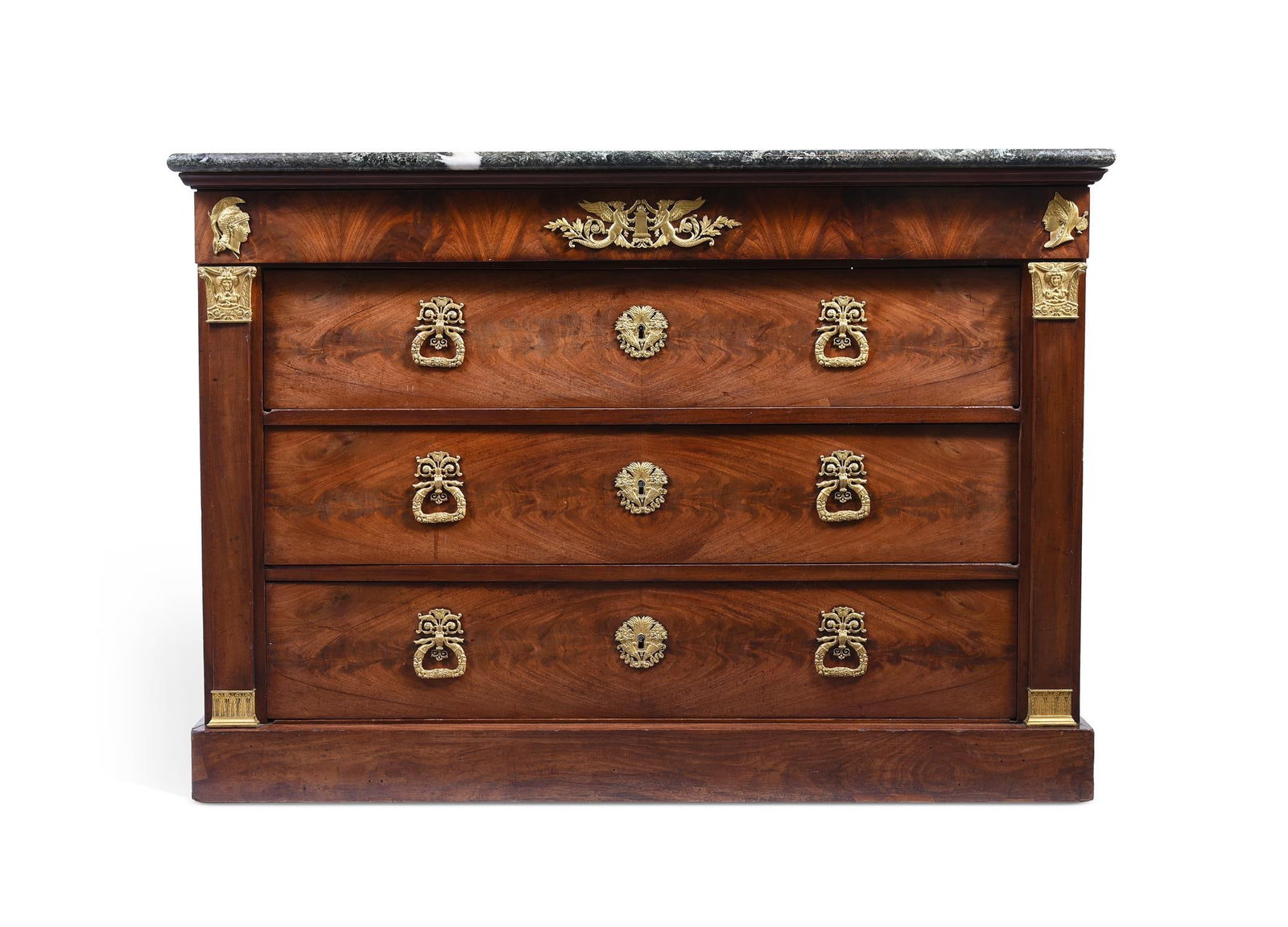 A FRENCH MAHOGANY AND ORMOLU MOUNTED COMMODE IN THE MANNER OF JACOB FRERES, EARLY 19TH CENTURY: A FRENCH MAHOGANY AND ORMOLU MOUNTED COMMODEIN THE MANNER OF JACOB FRERES, EARLY 19TH CENTURYWith a serpentine marble top92.5cm high, 130cm wide, 63cm deep