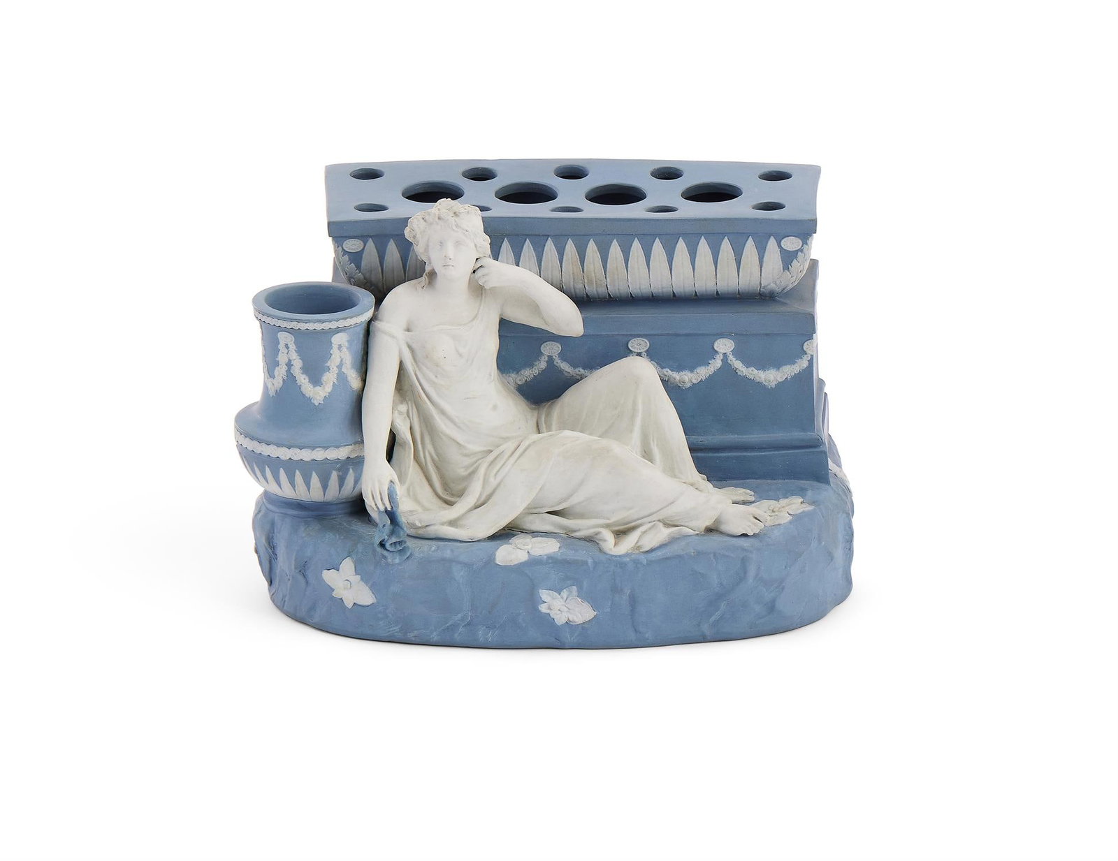 ‡ A WEDGWOOD JASPERWARE BLUE AND WHITE FIGURAL BOUGH-POT, LATE 18TH CENTURY (1 of 3)