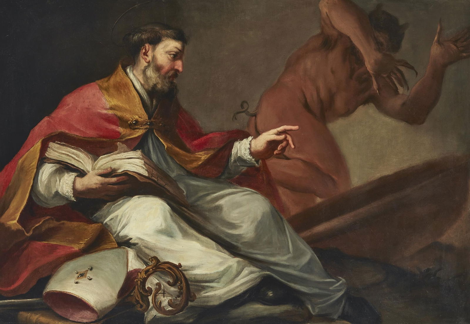 FOLLOWER OF SEBASTIANO RICCI, A HOLY BISHOP DRIVES OUT THE DEVIL: FOLLOWER OF SEBASTIANO RICCI A HOLY BISHOP DRIVES OUT THE DEVILOil on canvas88 x 128cm (34½ x 50¼ in.)Provenance: Sale, Dorotheum, Alte Meister, 15 March 1990, lot 98, as Circle of Sebastian