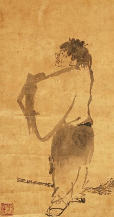 A Japanese Suiboku Kakejiku in sumi on paper depic: A Japanese Suiboku Kakejiku in sumi on paper depicting a young monk in the style of Sesshu Toyo, mounted with ivory roller ends, 18th-19th Century; with kaki-wood box