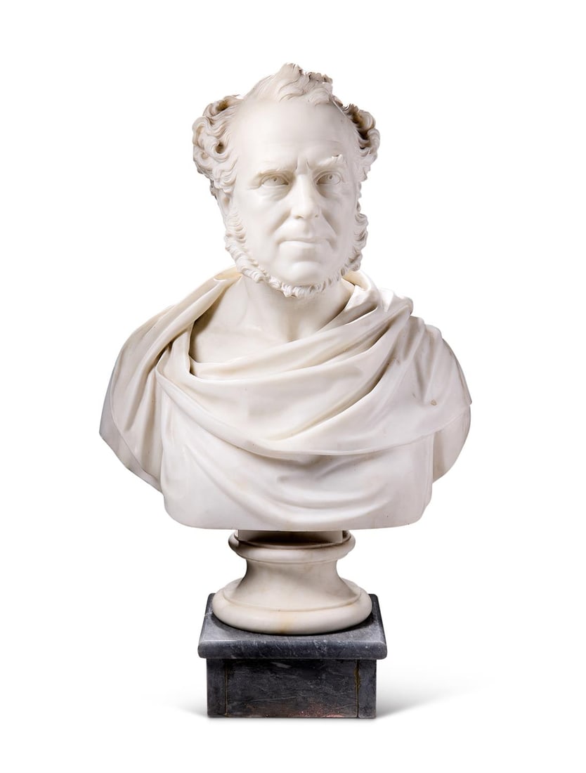 JOHN ADAMS-ACTON (1830-1910)- A MARBLE PORTRAIT BUST OF A GENTLEMAN, DATED 1865: JOHN ADAMS-ACTON (1830-1910)- A MARBLE PORTRAIT BUST OF A GENTLEMAN DATED 1865 Socle base and grey marble plinth, signed and dated to reverse JOHN ADAMS ACTON FECIT ROMA 1865 71cm high overall, base 2