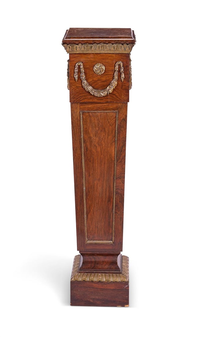 Y A VICTORIAN GILT BRONZE MOUNTED ROSEWOOD PEDESTAL IN THE WILLIAM KENT STYLE, CIRCA 1880: Y A VICTORIAN GILT BRONZE MOUNTED ROSEWOOD PEDESTAL IN THE WILLIAM KENT STYLE CIRCA 1880 107.5cm high, top 25cm square ϒ Indicates that this lot may be subject to CITES regulations when exported.