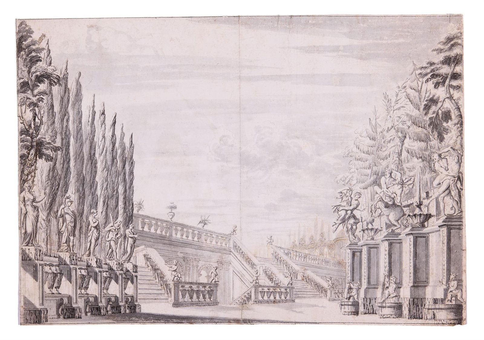 ATTRIBUTED TO ISAAC DE MOUCHERON (DUTCH 1667-1744), FANTASTICAL GARDEN SCENE: ATTRIBUTED TO ISAAC DE MOUCHERON (DUTCH 1667-1744)FANTASTICAL GARDEN SCENEPen, ink, and wash 34 x 49.5cm (13¼ x 19¼ in.)