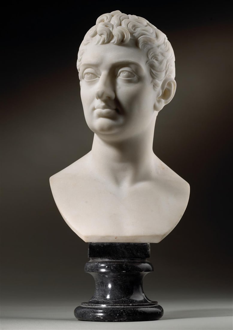 ADAMO TADOLINI (1788-1868)- A WHITE MARBLE PORTRAIT BUST OF COUNT NIKOLAI DEMIDOV (1773-1828): ADAMO TADOLINI (1788-1868)- A WHITE MARBLE PORTRAIT BUST OF COUNT NIKOLAI DEMIDOV (1773-1828) FLORENCE, CIRCA 1827-28 On a Bigio Morato socle base, signed A. TADOLINI F.40cm high overall Provenance: C