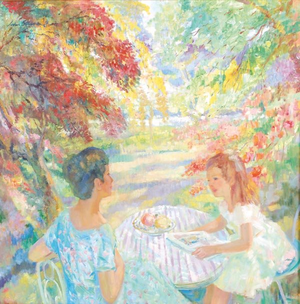 John Strevens (1902-1990) In the garden Oil on boa: John Strevens (1902-1990) In the garden Oil on board Signed lower upper left 100 x 100 cm (39 1/2 x 39 1/2 in) Please note this lot may be subject to droit de suite.