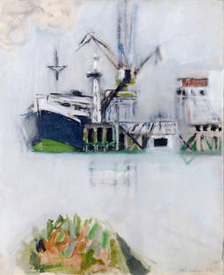 Robert Medley (1905-1994) Freighter alongside jett: Robert Medley (1905-1994) Freighter alongside jetty, Gateshead Oil on canvas Signed and dated 53 lower right 55.5 x 45cm (21 3/4 x 17 3/4 in) Please note this lot may be subject to droit de