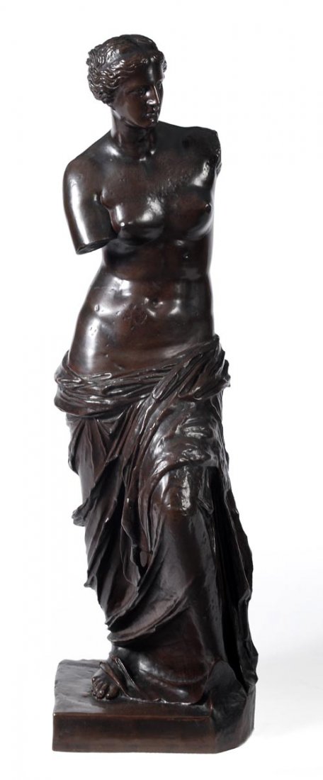 A Parisian patinated bronze model of the Venus de: A Parisian patinated bronze model of the Venus de Milo, late 19th century, cast after the Antique by the Barbedienne Foundry, inscribed 'F.BARBEDIENNE FONDEUR' and with 'A COLLAS REDUCTION ME