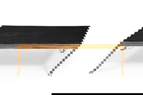 ATTRIBUTED TO MAISON RAMSAY; RECTANGULAR COFFEE TABLE; MID-20TH CENTURY: ATTRIBUTED TO MAISON RAMSAYRECTANGULAR COFFEE TABLE; MID-20TH CENTURYGilded wrought-iron, slate41.5cm high x 132cm wide x 82cm deep