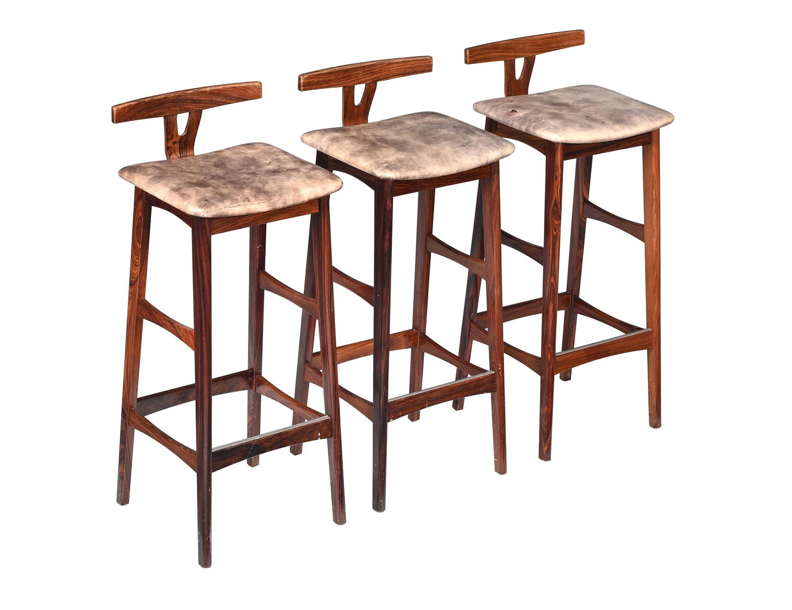 Y ERIK BUCH (DANISH, 1923-1982); SET OF THREE STOOLS; PRODUCED FOR DYRLUND; CIRCA 1960: Y ERIK BUCH (DANISH, 1923-1982)SET OF THREE STOOLS; PRODUCED FOR DYRLUND; CIRCA 1960Rosewood, upholstered seat; low t-shaped lumbar support, slender legs with stretchers.Underside with Dyrlund paper l