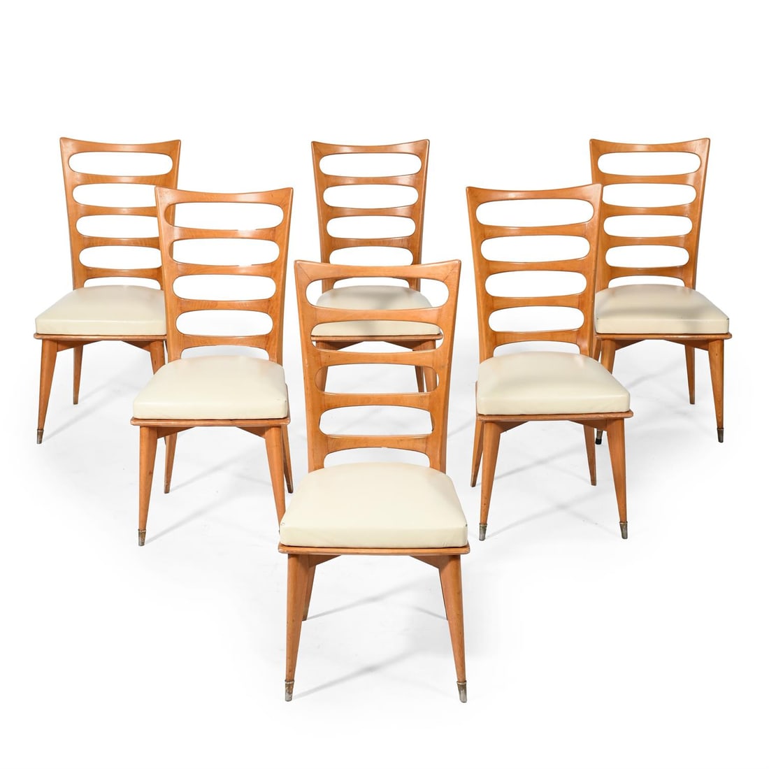 ITALIAN; SET OF SIX LADDER-BACK CHAIRS; SECOND HALF 20TH CENTURY: ITALIANSET OF SIX LADDER-BACK CHAIRS; SECOND HALF 20TH CENTURYCream leather seats, pale hardwood, metal (capped front feet)97cm high x 45cm wide x 48cm deep (approx)