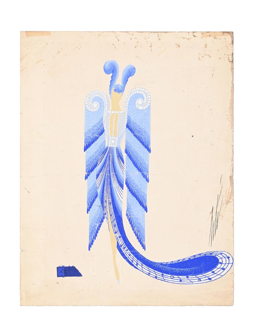 λ ERTÉ (FRENCH 1892-1990); SHOWGIRL COSTUME DESIGN; CIRCA 1935: λ ERTÉ (FRENCH 1892-1990)SHOWGIRL COSTUME DESIGN; CIRCA 1935GouacheSigned (lower right); titled (indistinct) and stamped with studio stamp (reverse)32cm x 24.5cm (12½ x 9¾ in.)Unfr
