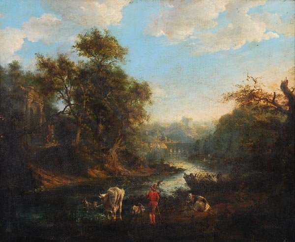 Follower of Claude Lorrain Cattle and cowherd in a: Follower of Claude Lorrain Cattle and cowherd in an extensive river landscape Oil on canvas 63.5 x 76 cm (25 x 30 in)