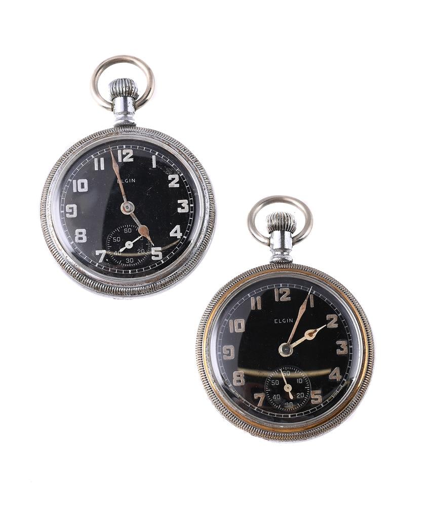 ELGIN, TWO MILITARY KEYLESS WIND OPEN FACE POCKET WATCHES (1 of 1)