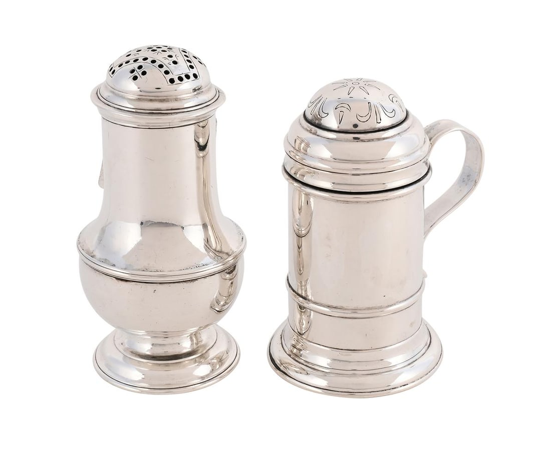 A GEORGE II SILVER CASTER AND A MODERN SILVER PEPPER GRINDER (1 of 2)